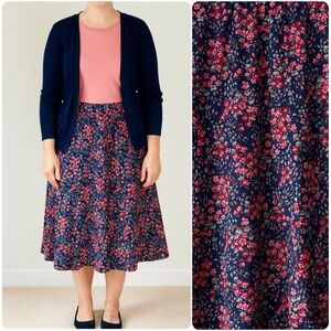 Vintage Navy Pink Ditsy Floral A-Line Elastic Waist Pull On Midi Skirt Size XS-S